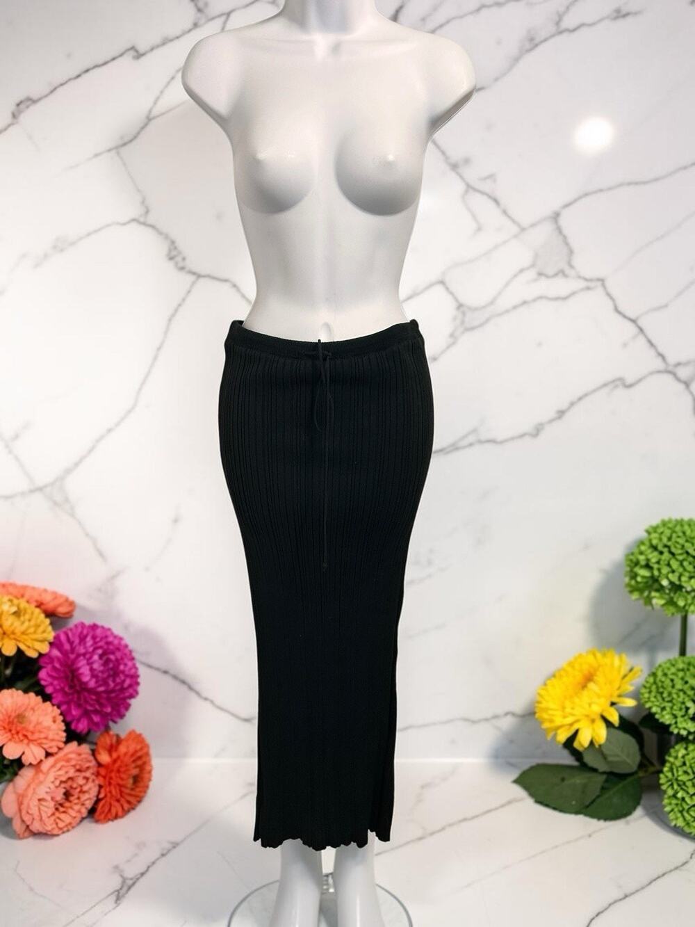 MNG Mango Pencil Skirt Sz Small Ribbed Maxi Stretch Drawstring Waist Back Slit